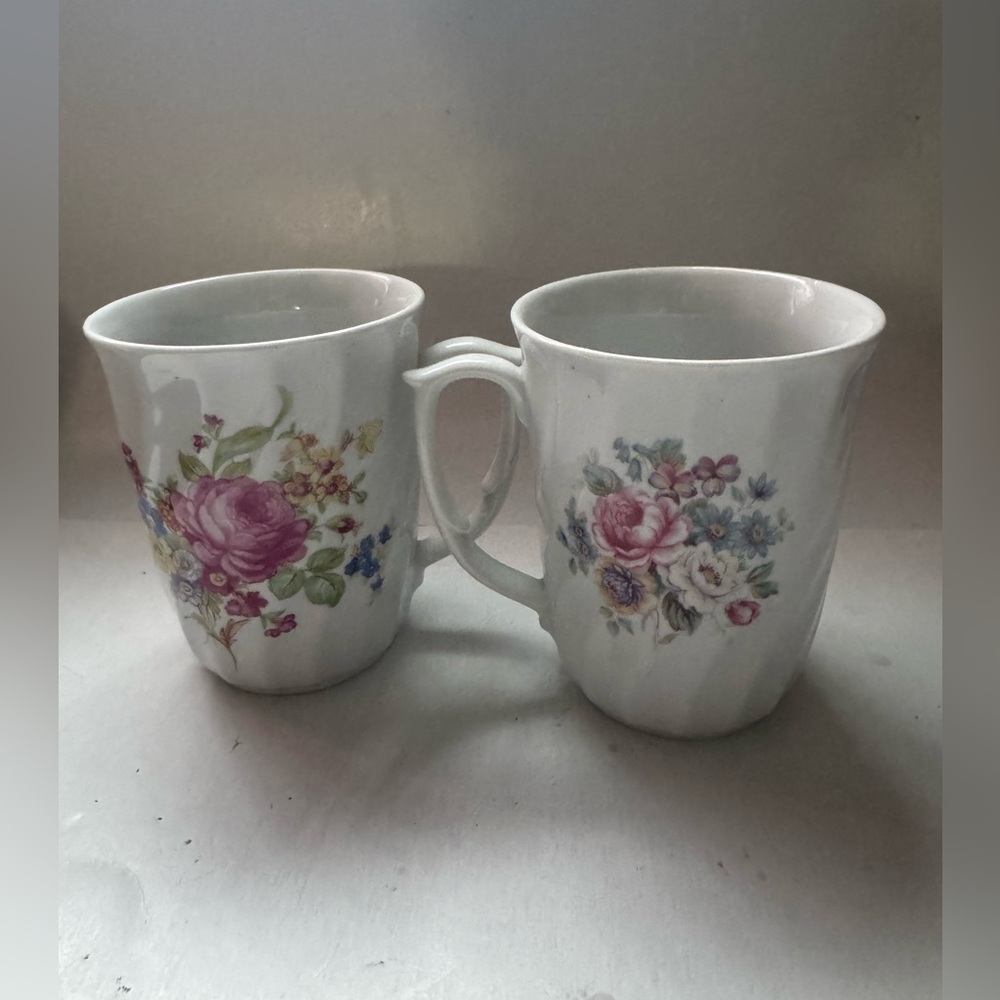 White and Pink Coffee Cup. White with floral design Made In Poland.